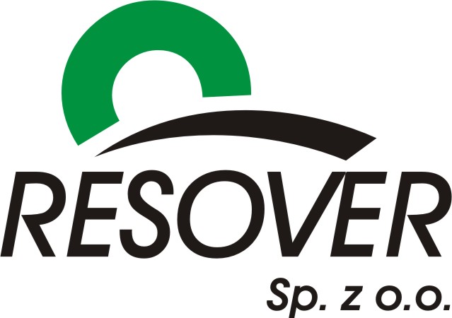 Logo firmy RESOVER Sp. z o.o. z zielonym półokręgiem i czarnym łukiem nad nazwą.